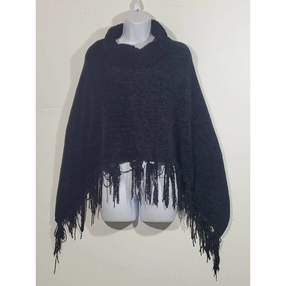 Britt's Knits OS Cowl Neck Poncho Shawl Soft Fringe Black Velour